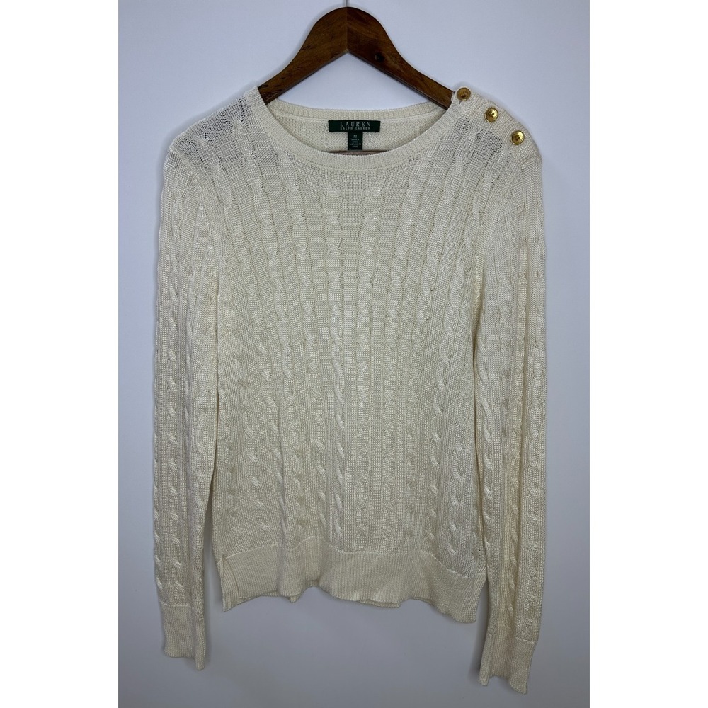Lauren Ralph Lauren Women Cream Cable Knit Gold Button Shoulder Sweater Medium - Picture 2 of 12